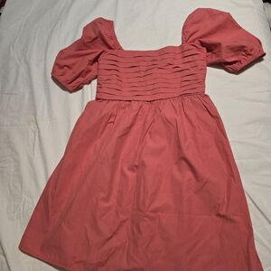 Altar'd State Coral Pink Puff-Sleeve Pleated Bodice Dress
